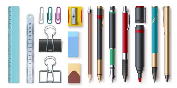 Vector illustration of Realistic office stationery, writing tools, paper clips, and ruler. Pen, pencil, marker, sharpener and eraser. 3d school supplies vector set