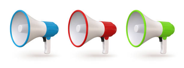 istock 3d realistic red, blue and green megaphone, loudspeaker icons. Public voice speaker for speech, emergency or announce. Bullhorn vector set 1371128782