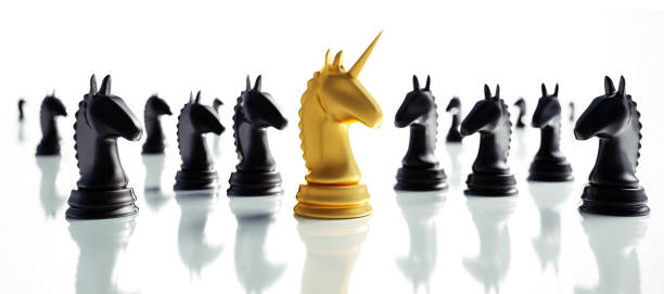 Golden chess unicorn with black knights