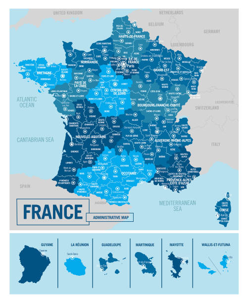 ilustraciones, imágenes clip art, dibujos animados e iconos de stock de mapa político administrativo del país de francia. ilustración vectorial de alto detalle con provincias, departamentos, regiones, ciudades, islas y estados aislados fáciles de desagrupar. - francia