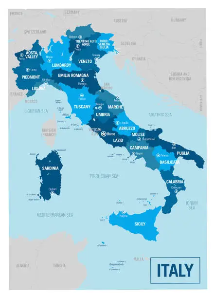 Vector illustration of Italy country and regions political map. High detailed vector illustration with isolated provinces, departments, regions, cities, islands and states easy to ungroup.