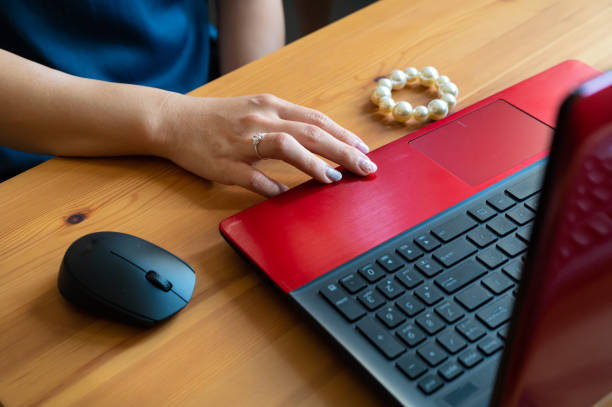 Fashionable business woman working with notebook at wooden table.