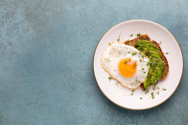 istock Keto breakfast fried egg, avocado and bread in a white plate. Keto diet concept. 1371131064