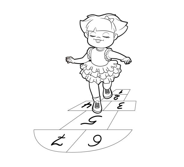 ilustrações de stock, clip art, desenhos animados e ícones de coloring book girl in lace dress jumping playing hopscotch. vector illustration in cartoon style, black and white lines - humor book fun human age
