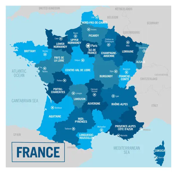 Vector illustration of France country political map. Detailed vector illustration with isolated provinces, departments, regions, cities, islands and states easy to ungroup.