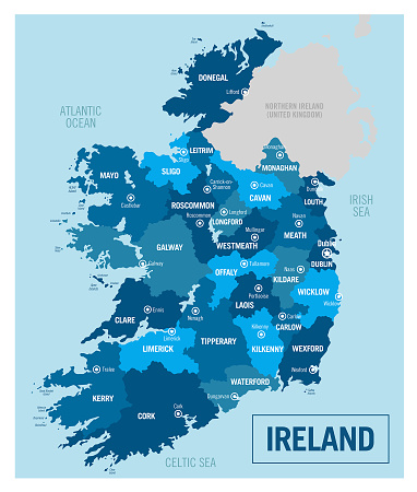 Ireland country political map. Detailed vector illustration with isolated provinces, departments, regions, counties, cities and states easy to ungroup.