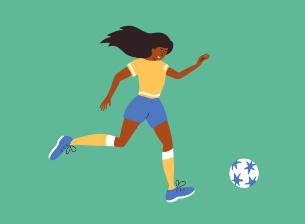 Vector illustration of young female soccer player running and kicks ball on green football field Women football match vector illustration. Female soccer player on green football field. Young woman in sport wear running to kicks ball. Womens soccer team training. Athlete girl playing exercising womens soccer stock illustrations