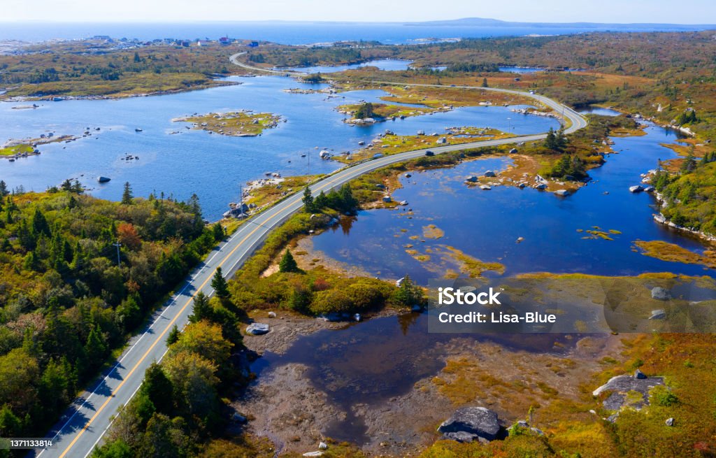 Aerial view of winding road to Peggy's Cove. Aerial view of road to Peggy's Cove, Nova Scotia, Canada Canada Stock Photo
