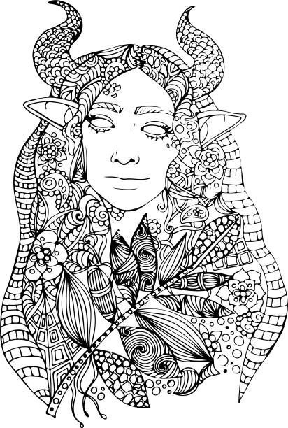 Girl with horns and elf ears, coloring book in zen style Girl with horns and elf ears, coloring book in zen style. Vector illustration. adult coloring pages mandala stock illustrations