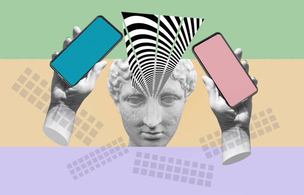 istock Statue holding modern blank frameless screen smartphone in a palm. 1371135438