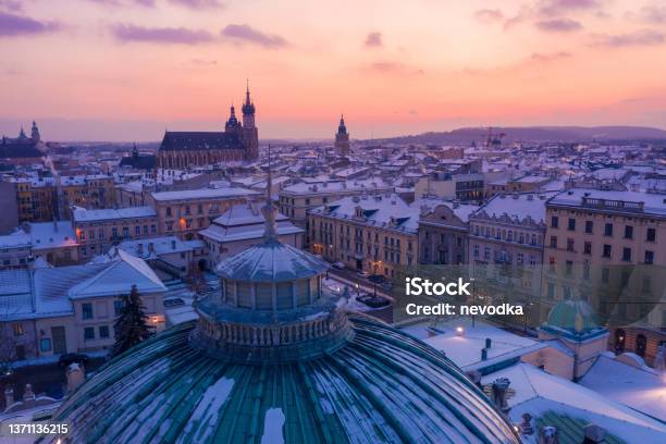 Snowy Winter In Krakow Poland Aerial View City Center Old Town Roof Of Juliusz Slowacki Theatre And Rynek Glowny Stock Photo - Download Image Now