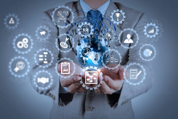 istock AR virtual screen dashboard with project management with icons of scheduling, budgeting, communication.businessman shows modern technology as concept 1371136812
