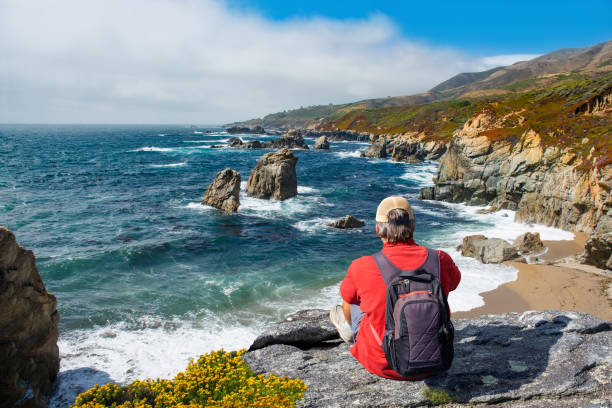 Man enjoying beautiful coastal scenery in California. stock photo