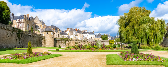 Vannes, medieval city in Brittany, view of the ramparts garden with flowerbed