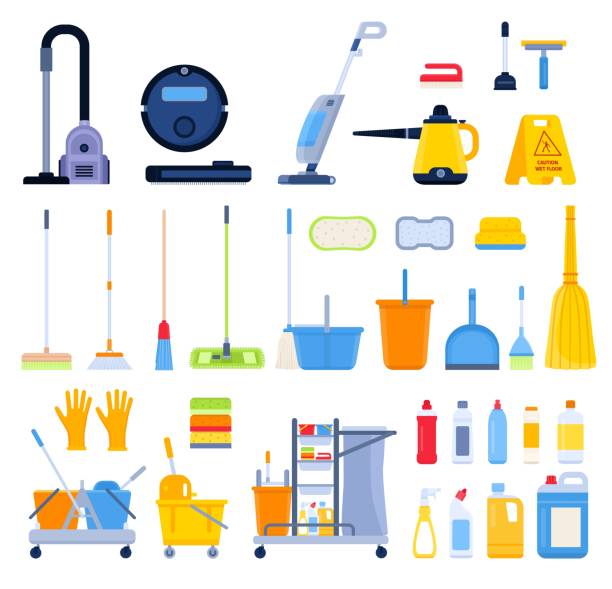 flache reinigungswerkzeuge, besen, lumpen, bürsten und waschmittelflaschen. haushaltsstaubsauger, dampfwischer, eimer, schwämme und feuchttücher vektor-set - cleaning fluid stock-grafiken, -clipart, -cartoons und -symbole