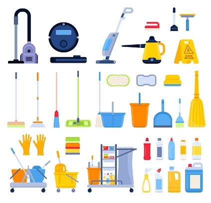 Flat cleaning tools, brooms, rags, brushes and detergent bottles. Household vacuum cleaner, steam mop, buckets, sponges and wipes vector set. Equipment and chemicals for house or office cleanup