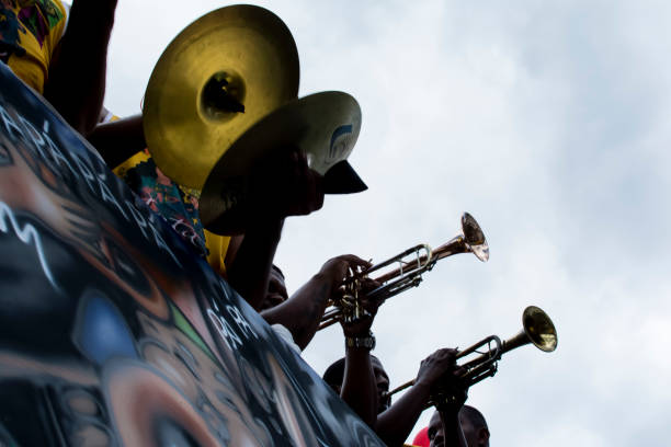 Cachoeira, Bahia, Brazil - November 01, 2015: Musicians playing wind instruments against a blue sky. City of Cachoeira, Bahia, Brazil.