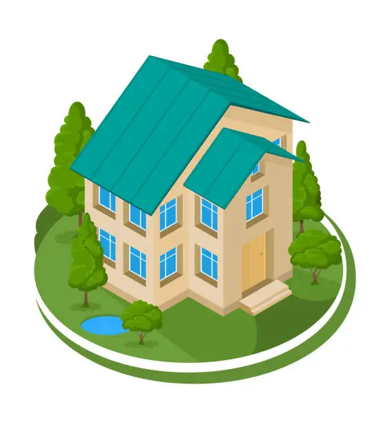 Vector illustration of Summer landscape. 3D house icon surrounded by trees.