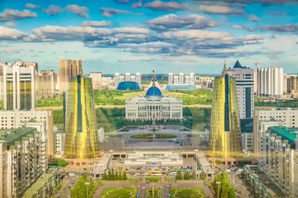 Cityscape of downtown Nur-Sultan Kazakhstan as seen from Baiterek Tower.