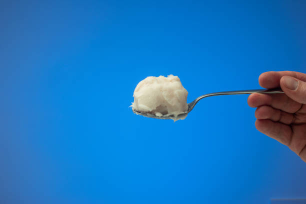 pig fat or lard on a metal spoon held by caucasian male hand. close up studio shot, isolated on blue background - animal fat imagens e fotografias de stock