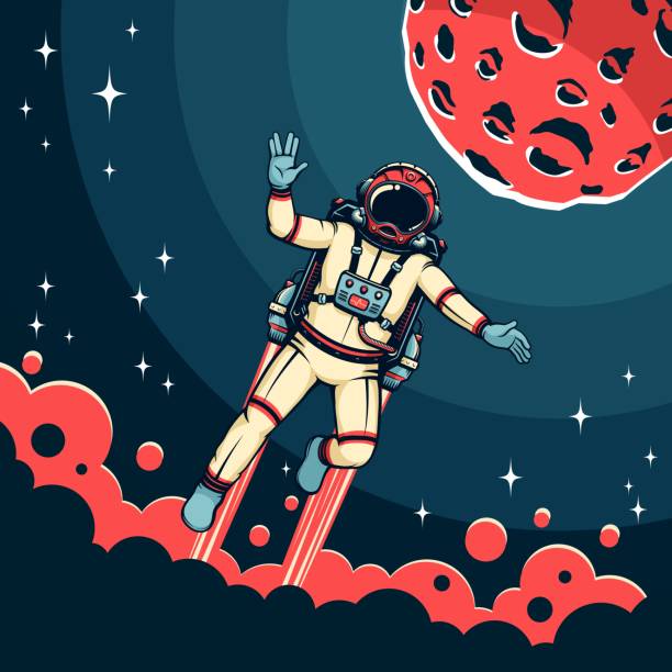 Atronaut flies with jetpack Atronaut flies with jetpack in space near the red planet with craters. Retro astronaut and Mars planet - vintage poster. Vector image. vulcan salute stock illustrations