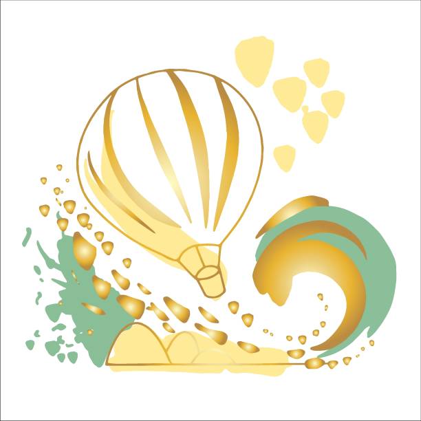 ilustrações de stock, clip art, desenhos animados e ícones de golden line abstract hand drawn hot air balloon, it flies over the sea, ocean, wind, waves, summer palette. - air nature high up pattern