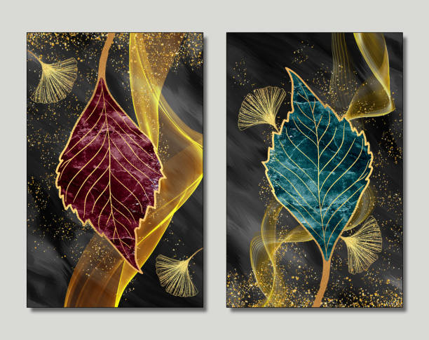 istock 3d wall frame art. Drawing black background golden waves shapes, turquoise and red tree leaf, feathers 1371148334