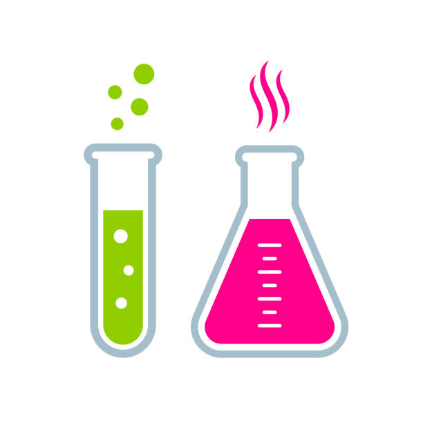 Chemistry lab symbols, test tube and chemical flask icon Chemistry symbols, test tube and chemical flask icon isolated on white background beaker stock illustrations