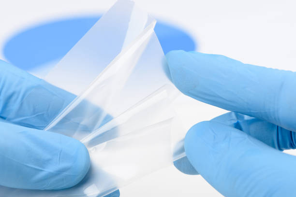 istock Scientist show and bend flexible transparent plastic like thin film material in laboratory 1371148803