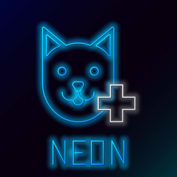 istock Blue glowing neon line Veterinary clinic symbol icon isolated on black background. Cross with cat veterinary care. Pet First Aid sign. Colorful outline concept. Vector Illustration 1371152204
