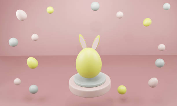 istock Happy Easter. cute cartoon Easter composition. Bunny ears and painted eggs on a delicate background. 3D illustration 1371153055