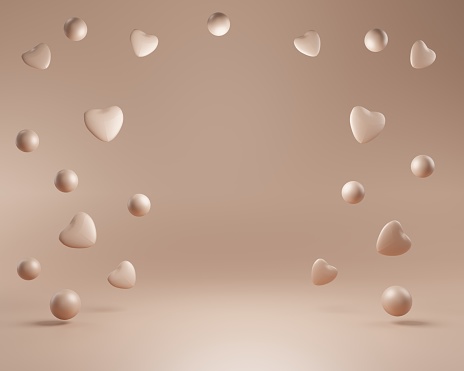 3 d abstract background with hearts. Love minimalistic concept of flying hearts. Natural calm beige color. 3d illustration.