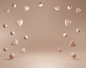 3 d abstract background with hearts. Love minimalistic concept of flying hearts. Natural calm beige color. 3d illustration