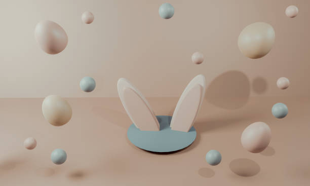 istock Happy Easter. cute cartoon Easter composition. Bunny ears and painted eggs on a delicate background. 3D illustration 1371153585