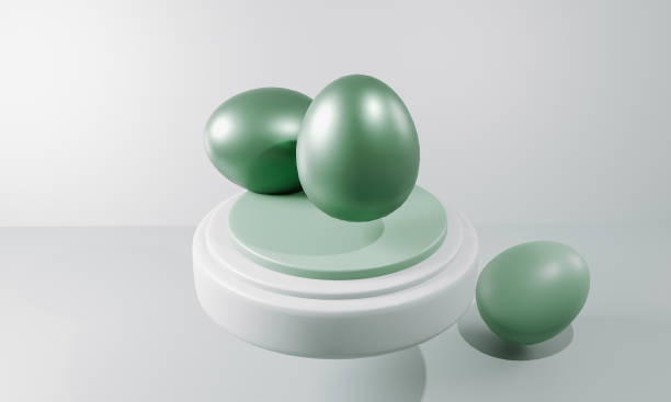 istock Abstract 3D render. Happy Easter greeting card. template with painted eggs. Holiday trend greeting card with copy space. Simple, minimalistic concept. 3d illustration 1371153662