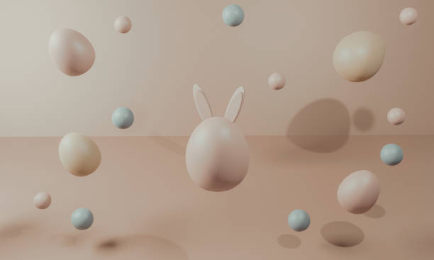 istock Happy Easter. cute cartoon Easter composition. Bunny ears and painted eggs on a delicate background. 3D illustration 1371153671