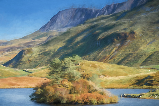 Digital painting of  a view of Penygader, Cadair Idris mountain range, and Cregennan lake during autumn in the Snowdonia National Park, Dolgellau, Meirionnydd, Wales, UK
