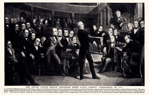 THE UNITED STATES SENATE DISCUSSING HENRY CLAY'S FAMOUS '' COMPROMISE OF 1850''  (XXXL with lots of details) The Compromise of 1850 was a package of five separate bills passed by the United States Congress in September 1850 that defused a political confrontation between slave and free states on the status of territories acquired in the Mexican–American War...Vintage engraving circa late 19th century. Digital restoration by Pictore. splitsen stock illustrations