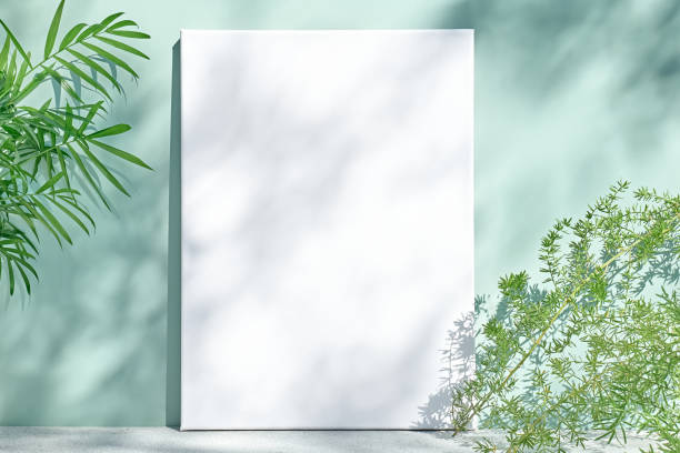 istock Blank white drawing canvas on mint colored surface with palm leaves, home plants and soft floral shadows. Spring Summer Typography, To do list. Ecodesign. 1371155162