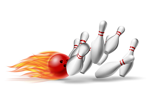 Red burning Bowling Ball in Flames crashing into the pins isolated on white Background. Illustration of bowling strike. Vector Template for poster of Sport competition or Tournament.