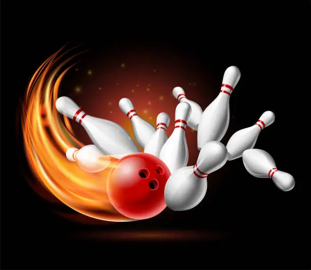Vector illustration of Red Bowling Ball in Flames crashing into the pins on a Dark Background. Illustration of bowling strike.