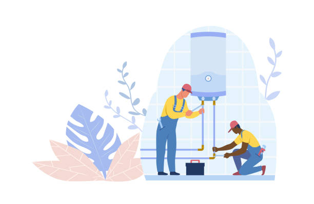 illustrazioni stock, clip art, cartoni animati e icone di tendenza di riparazione scaldabagno - boiler water heater symbol repairing