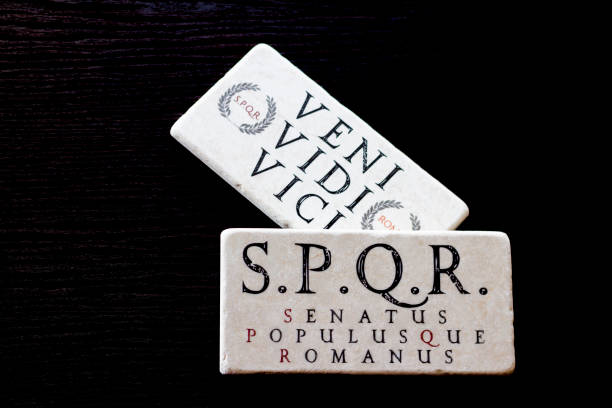 Two antique inscription tablets on the dark table