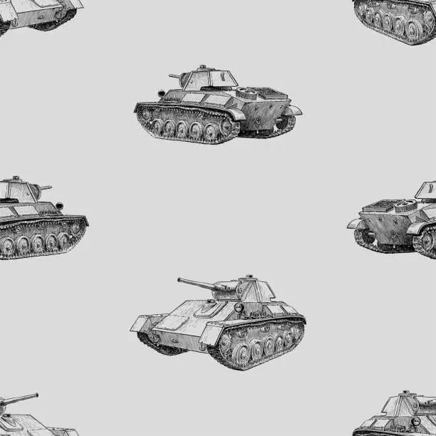 Vector illustration of Seamless background of sketches old fighting tanks of Second world War