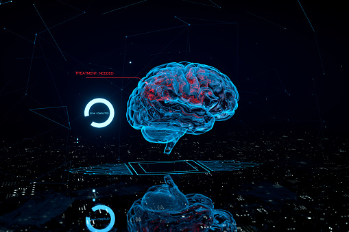 futuristic 3d image showing how brain could be scanned in future  in neon blue colors with abstract numerical background with sign information