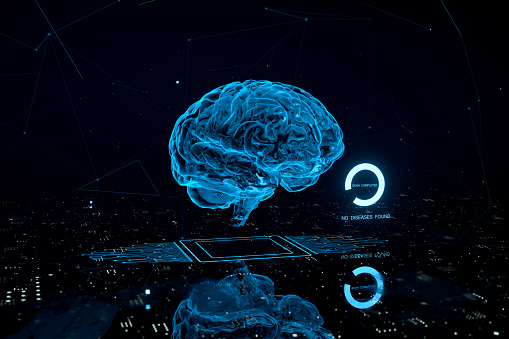futuristic 3d image showing how brain could be scanned in future  in neon blue colors with abstract numerical background with sign information