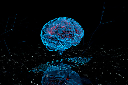 futuristic 3d image showing how brain could be scanned in future  in neon blue colors with abstract numerical background