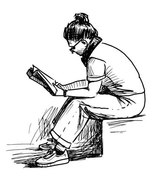 Vector illustration of Sketch of casual young city woman sitting in park and reading book outdoors