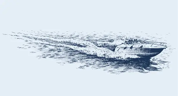 Vector illustration of Sketch of river boat going at high speed on water surface