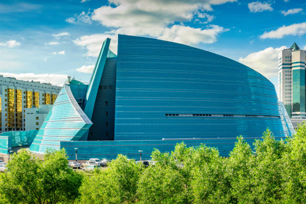 Kazakhstan Central Concert Hall in downtown Nur-Sultan Kazakhstan on a sunny day.